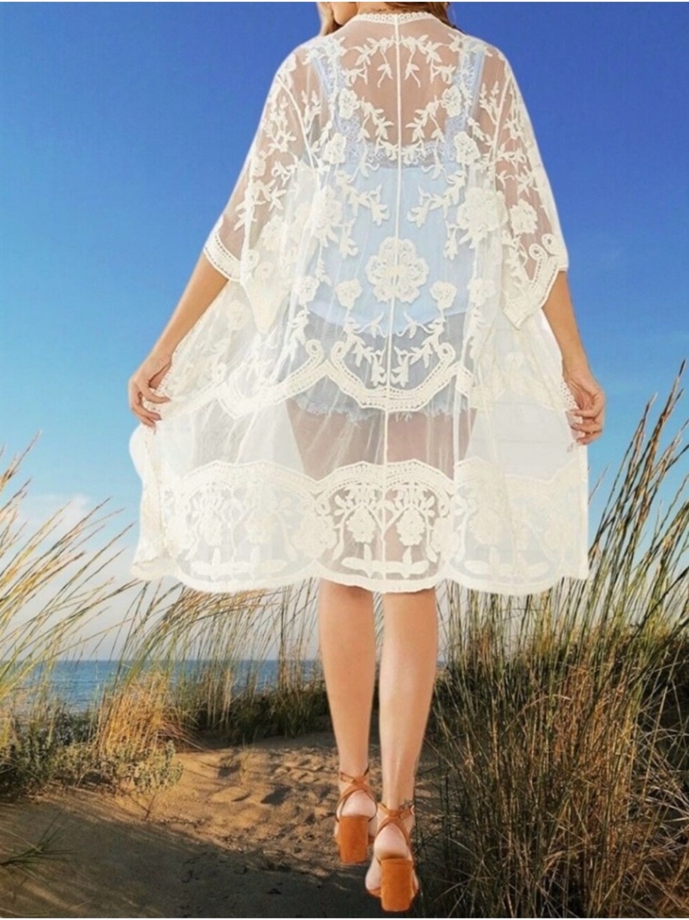 Sheer White Lace Beach Cover-Up Kimono